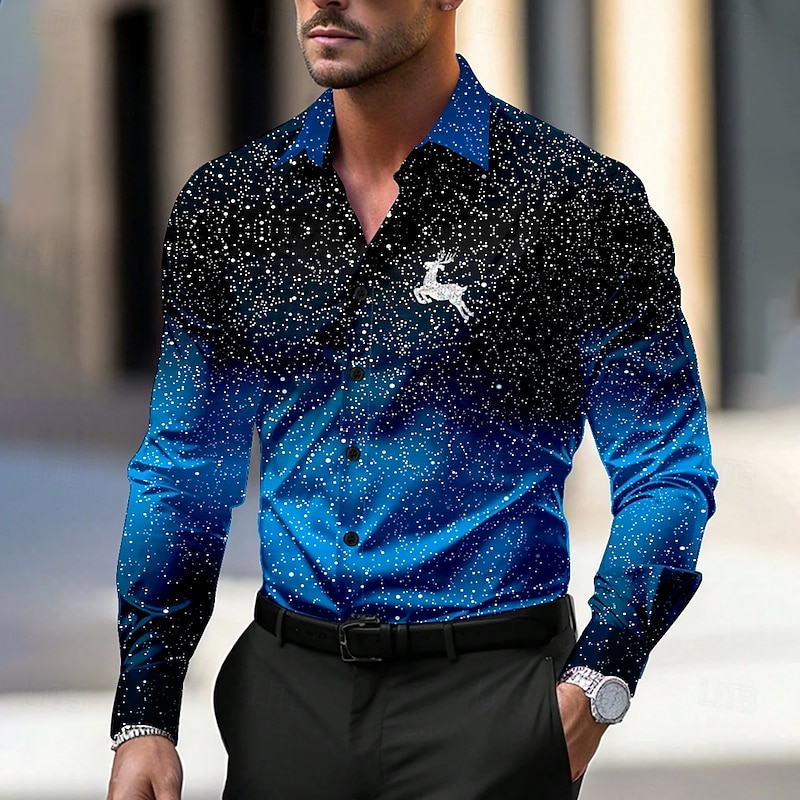 Christmas Men's Space Christmas Scene Deer Shirt Dress Shirt Button Up Shirt Long Sleeve Casual Business Casual New Year Party Evening Wear Daily Fall Winter Spring & Summer Shirt Collar Button Up 3D