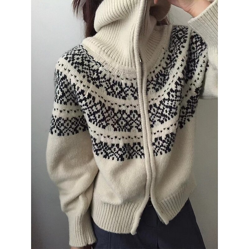 Women's Sweater Jacket Streetwear Casual Geometric Turtleneck Knitted Long Sleeve Regular Tops Knit Weekend Beige Fall Winter2