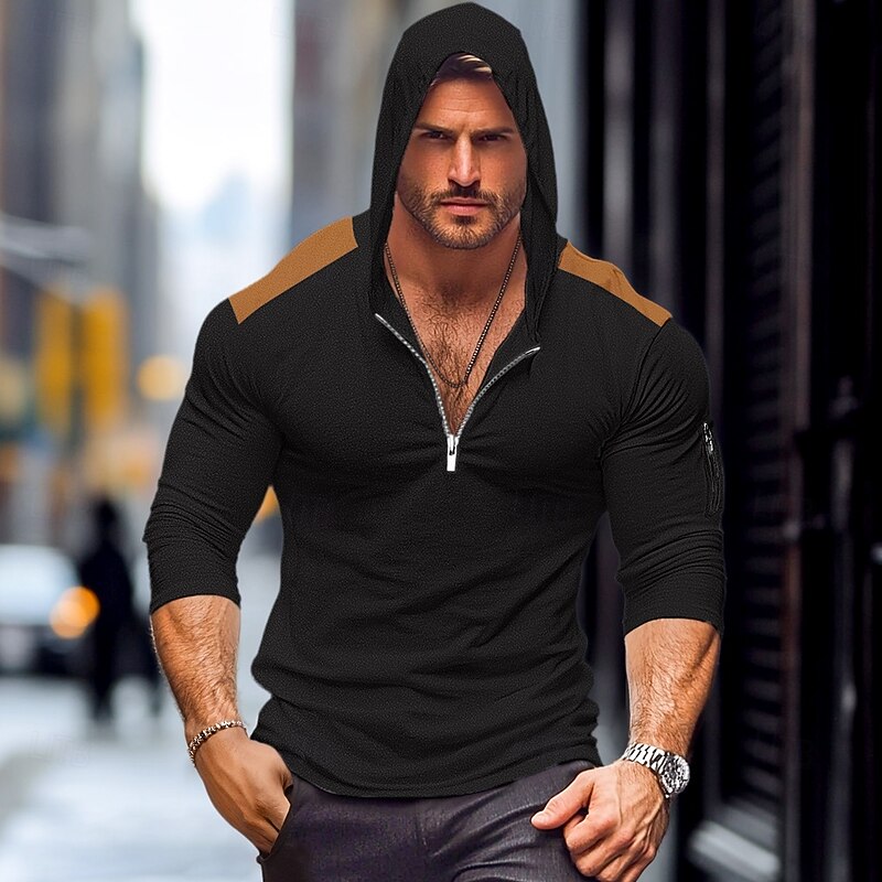 Men's Quarter Zip Tee Tee Top Long Sleeve Shirt Long Sleeve Hooded Summer Patchwork Daily Casual Street Style Zipper Outdoor Street Causal Black Navy Blue khaki Top Tee for Men