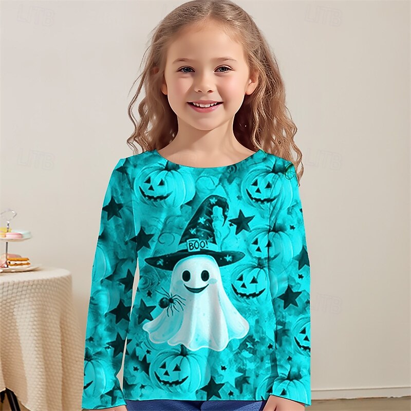 Halloween Girls' 3D Graphic Pumpkin Ghost T shirt Tee Long Sleeve Spring Fall Fashion Basic Kids 4-12 Years Crew Neck Outdoor Casual Daily Regular Fit3