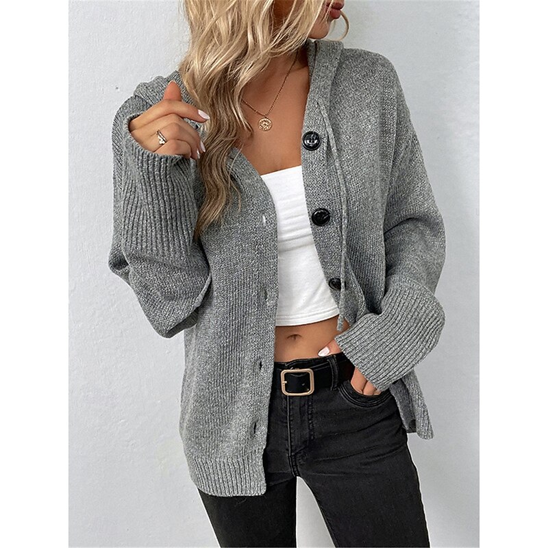 Women's Sweater Cardigan Casual Soft Pure Color Ribbed Hooded Buttons Knitted Long Sleeve Regular Tops Knit Outdoor Daily Weekend Black White Fall Winter3