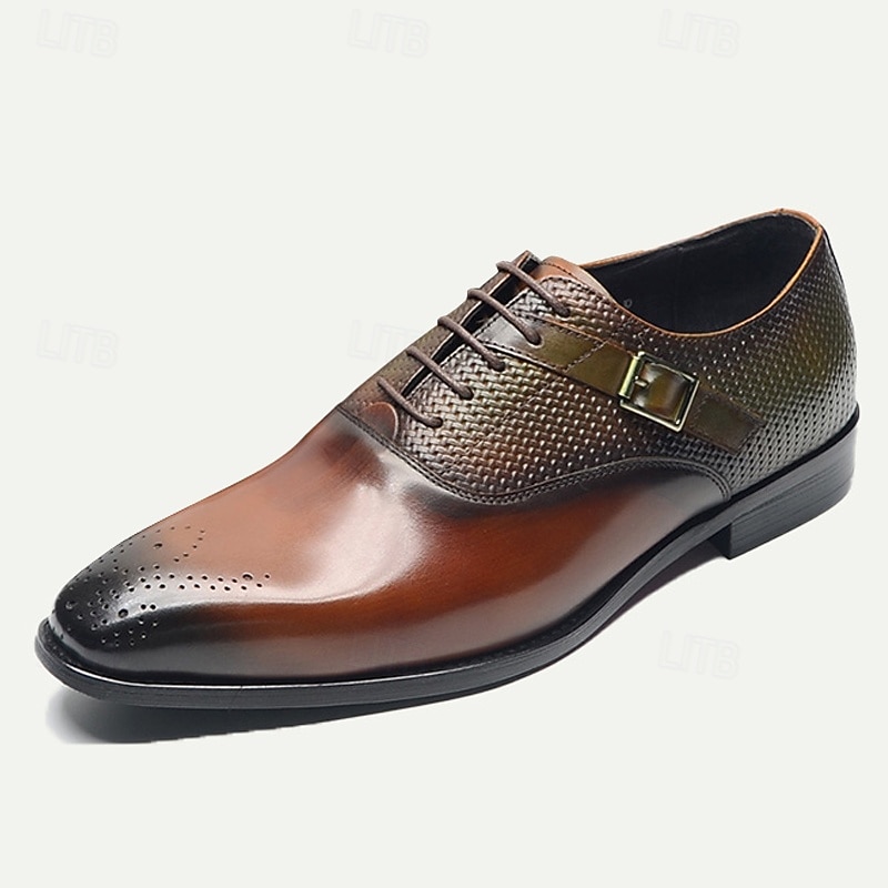 Men's Premium Cowhide Leather Oxford Shoes with Woven Texture and Buckle Detail – Elegant Dress Shoes for Formal Occasions3