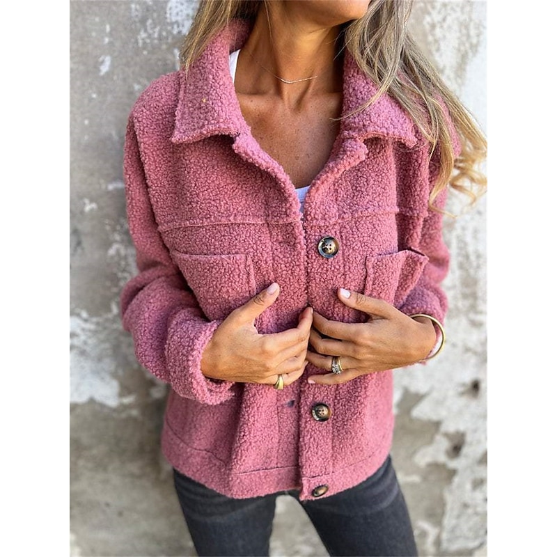 Women's Fleece Jacket Teddy Coat Warm Breathable Buttons Pocket Fleece Lined Casual Plain Vacation Street Daily Wear Going out Single Breasted Short Lapel Regular Fit Long Sleeve Outerwear Yellow2
