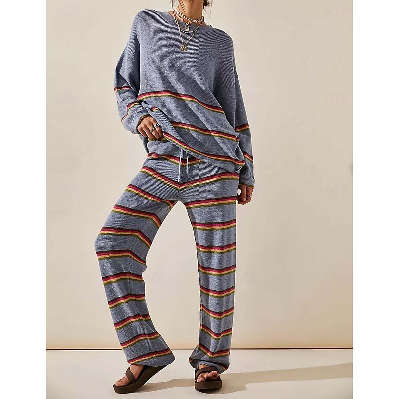 Women's Striped Sweater Set Crew Neck Knit Knitted Fall Winter Work Streetwear Casual Long Sleeve Striped Blue Green