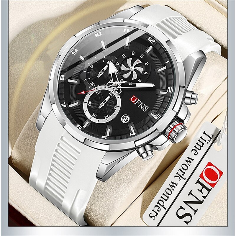 OFNS Men Quartz Watch Outdoor Fashion Casual Wristwatch Luminous Calendar Chronograph Waterproof Silicone Gel Watch