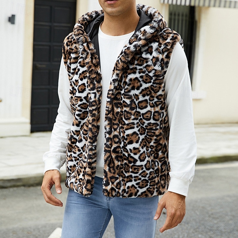 Men's Vest Faux Fur Gilet Daily Date Vacation Fashion Casual Fall & Winter Keep Warm Polyester Comfortable Leopard Print Cardigan Stand Collar Regular Fit White Yellow Brown Vest4