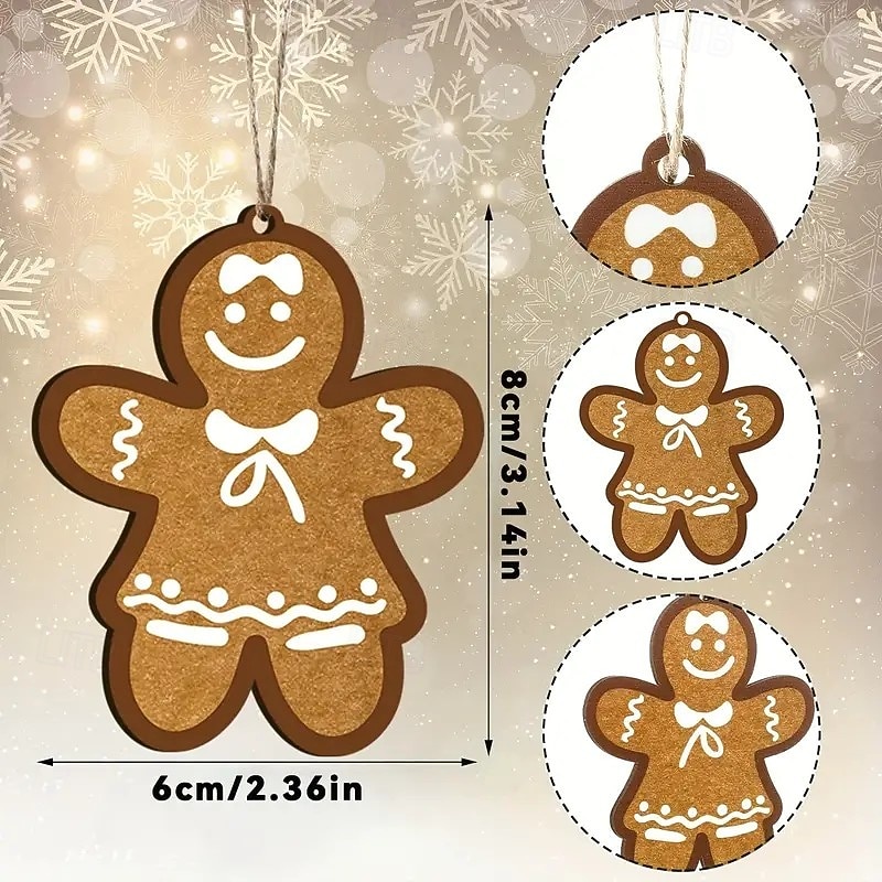 24pcs Wooden Christmas Ornaments, Xmas Tree Pendant Decoration - Rustic Hanging Decor in Gingerbread, Stars, Hearts, Bells, Snowmen, Stockings, Moose, and Peppermint Candy Cane Shapes3