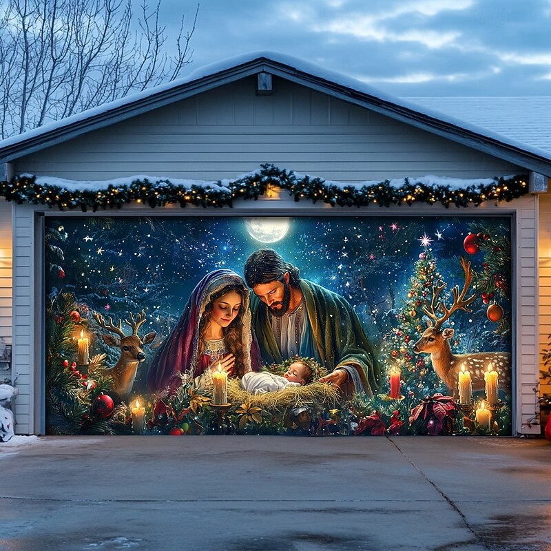 Christmas Door Decorations Garage Door Cover Nativity Scene Xmas Outdoor Banner Large Christmas Backdrop for Holiday Garage Door Home Wall Decorations Christmas Drawing