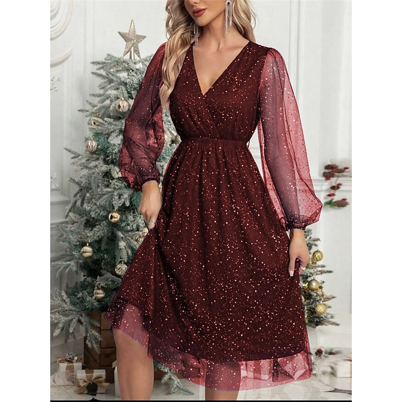 Women's Midi Dress Casual Dress Cocktail Dress Wedding Guest Dress Chiffon Dress Casual Sports & Outdoor Street Regular Fit Plain Long Sleeve V Neck Black Wine Green Fall Winter3