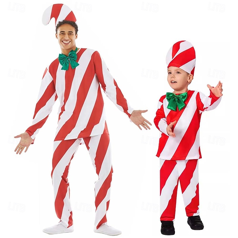 Candy Cane Costume Men's Boys' Cosplay Costume Adults Kid's Christmas Christmas Eve Christmas Top Pants Collar Hat2