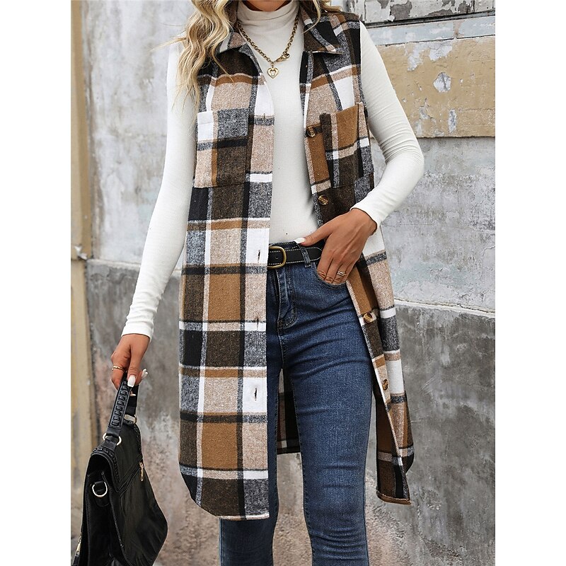 Women's Vest Outdoor Street Daily Wear Fall Winter Long Coat Regular Fit Thermal Warm Breathable Stylish Casual Jacket Sleeveless Stripes and Plaid with Pockets Print Orange Green Khaki4