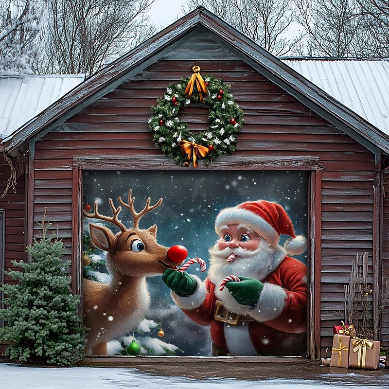 Christmas Door Decorations Garage Door Cover Santa Claus Candy Cane Xmas Outdoor Banner Large Backdrop for Holiday Home Wall Decorations Rudolph The Red Nosed Reindeer4