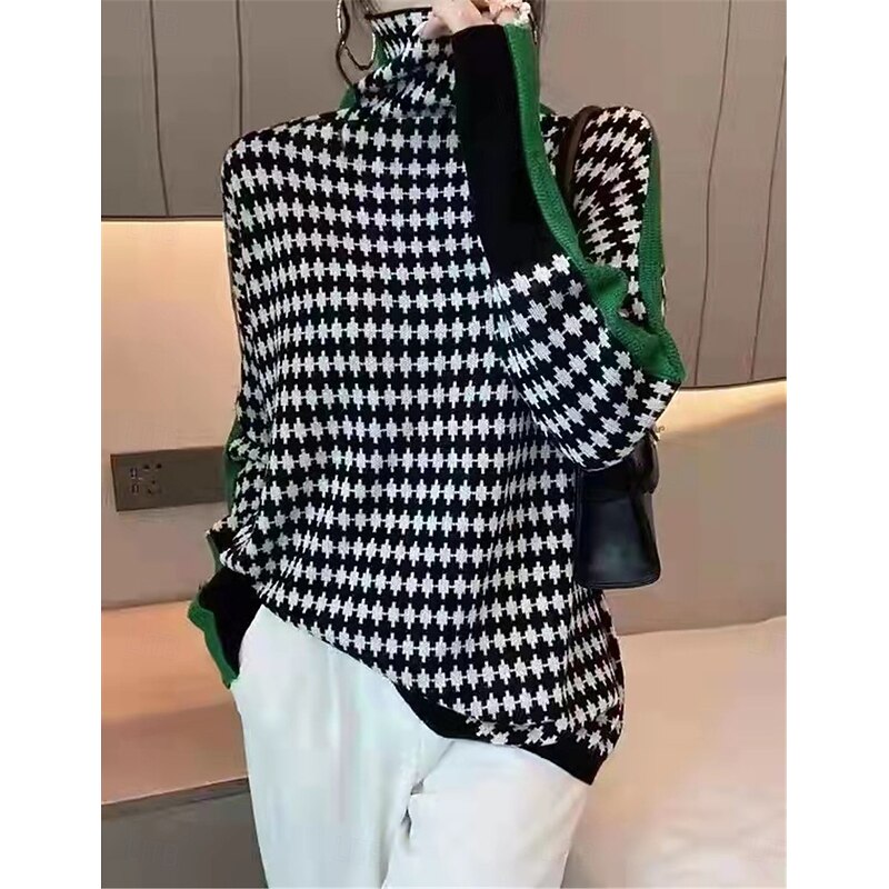 Women's Sweater Pullover Sweater Jumper Casual Soft Plaid Ribbed Turtleneck Knitted Long Sleeve Regular Tops Knit Outdoor Daily Weekend Orange Green Fall Winter