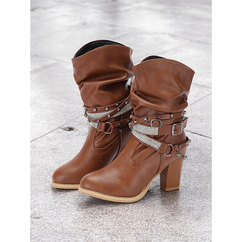 Women's Brown Slouchy Mid-Calf Boots with Studded Straps and Rhinestone Embellishments – High Heel Western Style for Party and Casual Wear