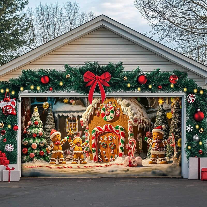 Christmas Door Decorations Garage Door Cover Xmas Candy Canes Gifts Gingerbread Outdoor Banner Large Christmas Backdrop for Holiday Outdoor Garage Door Home Wall Decorations4