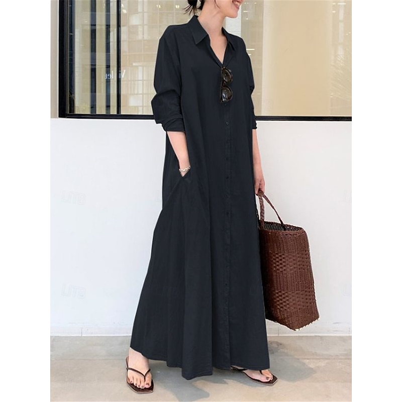 Women's Shirt Dress Maxi Dress Button Pocket Casual Shirt Collar Long Sleeve Black Green Coffee Color3