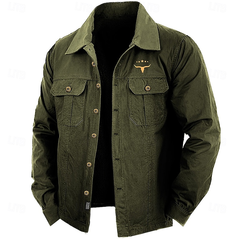 Men's Cow Print Work Shirt Western Shirt Cargo Shirt Long Sleeve Casual Sports & Outdoor Going out Fall Winter Turndown Button-Down Black Army Green Khaki2