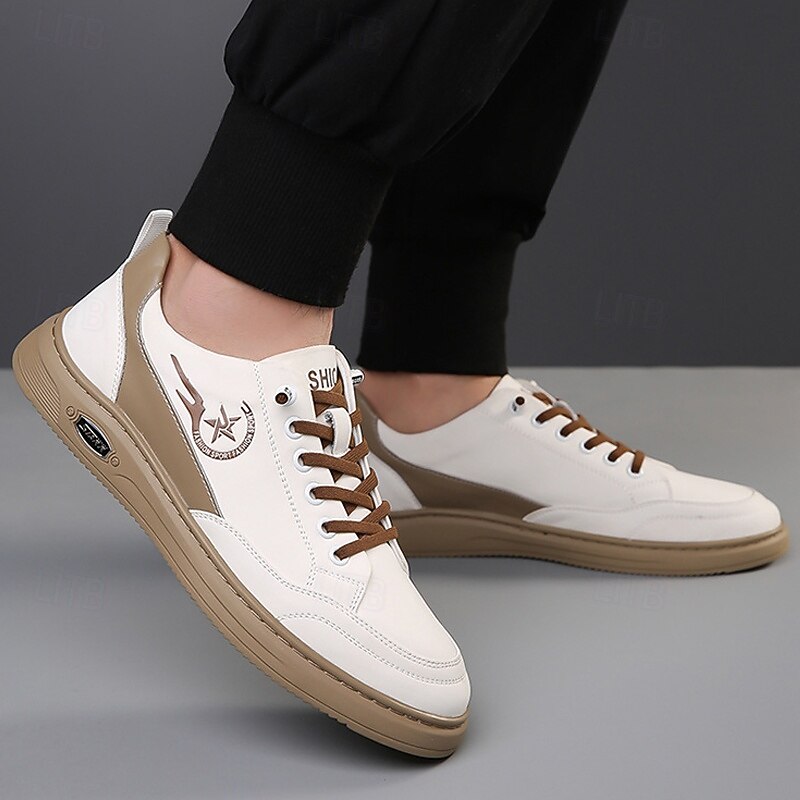 Men's White and Beige Lace-Up Casual Sneakers with Comfortable Rubber Sole for Everyday Wear4