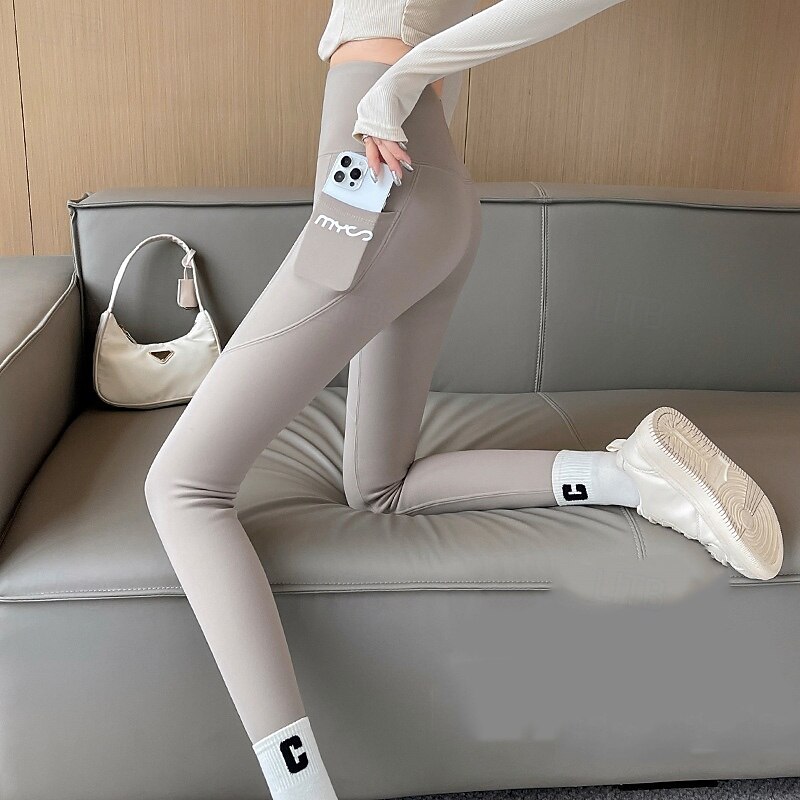 Women's Yoga Pants Fleece Lined Leggings Yoga Leggings Butt Lift Tummy Control High Waist Pilates Gym Workout Workout Tights Letter Black Coffee Grey Fall Winter Sports Activewear Stretchy Slim4