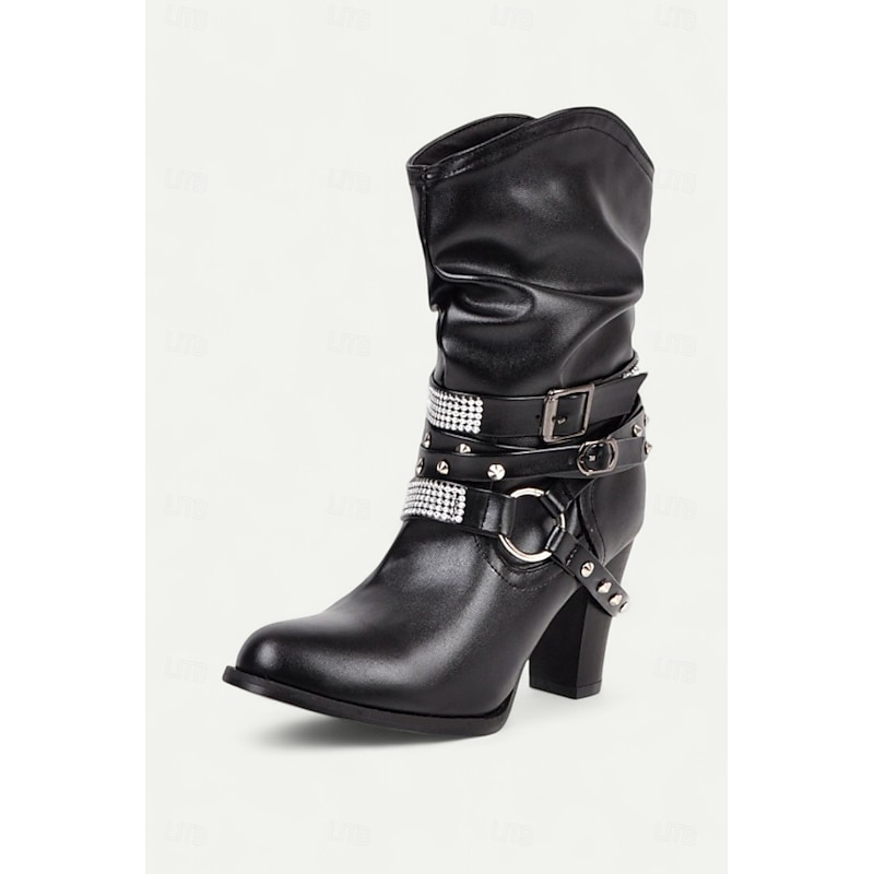 Women's Brown Slouchy Mid-Calf Boots with Studded Straps and Rhinestone Embellishments – High Heel Western Style for Party and Casual Wear 7