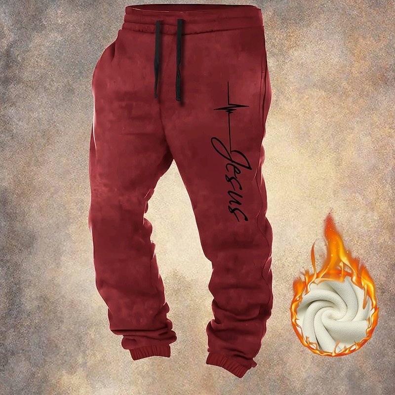 Men's Jesus Faith Fleece Sweatpants Drawstring Elastic Waist Vintage Casual Outdoor Home Dailywear Pocket Thermal Winter 3D Print Black Red Blue