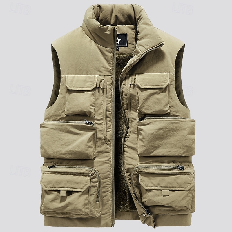 Men's Fleece Vest Outdoor Vest Fishing Vest Daily Date Vacation Fashion Casual Fall & Winter Pocket Polyester Warm Comfortable Solid Color Zipper Stand Collar Regular Fit Black Khaki Gray Vest