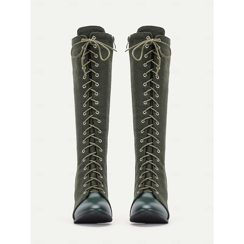 Women's Victorian Vintage Lace-Up Knee-High Boots – Green Suede and Leather, Side Zipper and Chunky Heel – Elegant Retro Style for Special Occasions4