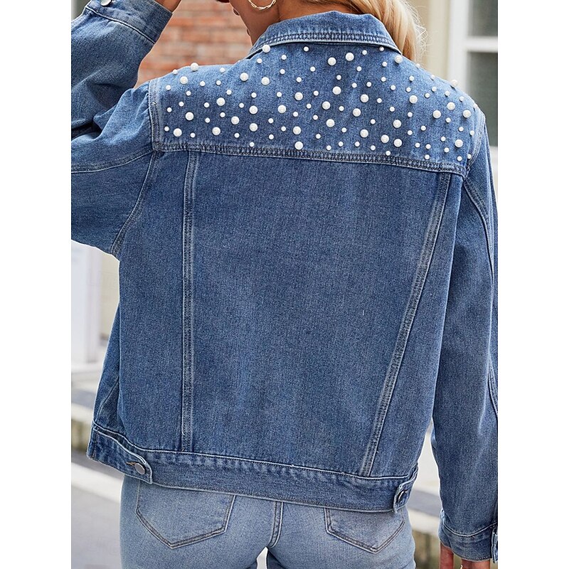 Women's Denim Jacket Outdoor Street Daily Wear Fall Winter Short Coat Regular Fit Thermal Warm Breathable Stylish Casual Jacket Long Sleeve Solid Color with Pockets Beaded Black Blue4