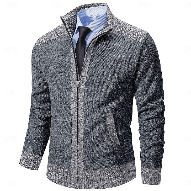 Men's Cardigan Sweater Dress Sweater Fleece Sweater Ribbed Knit Cropped Knitted Color Block Stand Collar Warm Ups Modern Contemporary Daily Wear Going out Clothing Apparel Winter Spring &  Fall Blue2