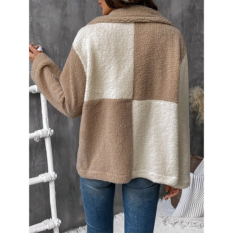 Women's Fleece Jacket Teddy Coat Warm Breathable Pocket Fleece Lined Casual Color Block Vacation Street Daily Wear Going out Single Breasted Regular Turndown Regular Fit Long Sleeve Outerwear Brown4