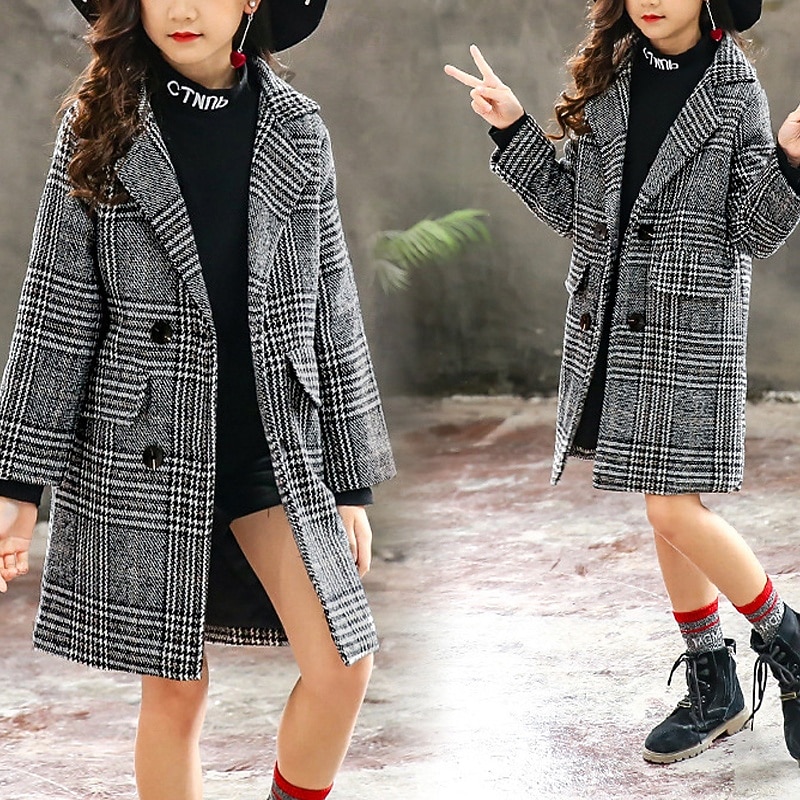 Kids Girls' Woolen Coat Long Sleeve Gray Plaid Button Fall Winter Fashion School 3-7 Years