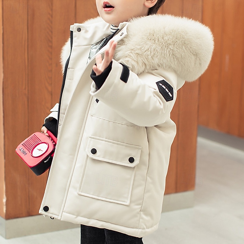 Kids Boys' Down Coat Hoodie Jacket Puffer Jacket Outerwear Solid Color Long Sleeve Pocket Coat Outdoor Daily Basic Black Red Green Fall Winter 4 years+