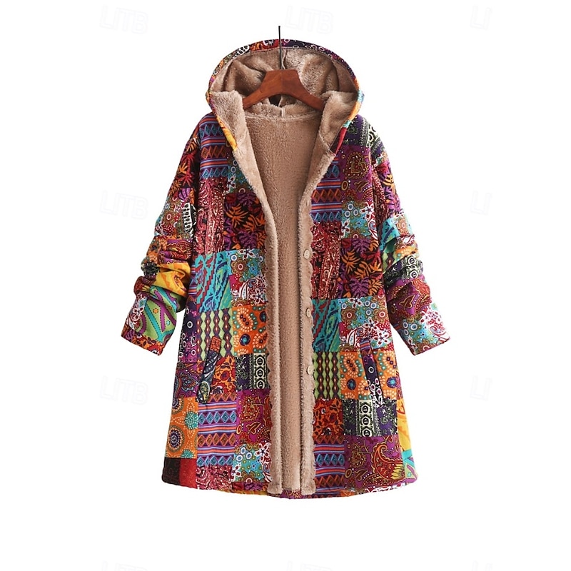 Women's Coat Outdoor Daily Wear Fall Winter Long Coat Loose Fit Thermal Warm Breathable Stylish Casual Jacket Long Sleeve Floral Leaf with Pockets Yellow Pink Blue