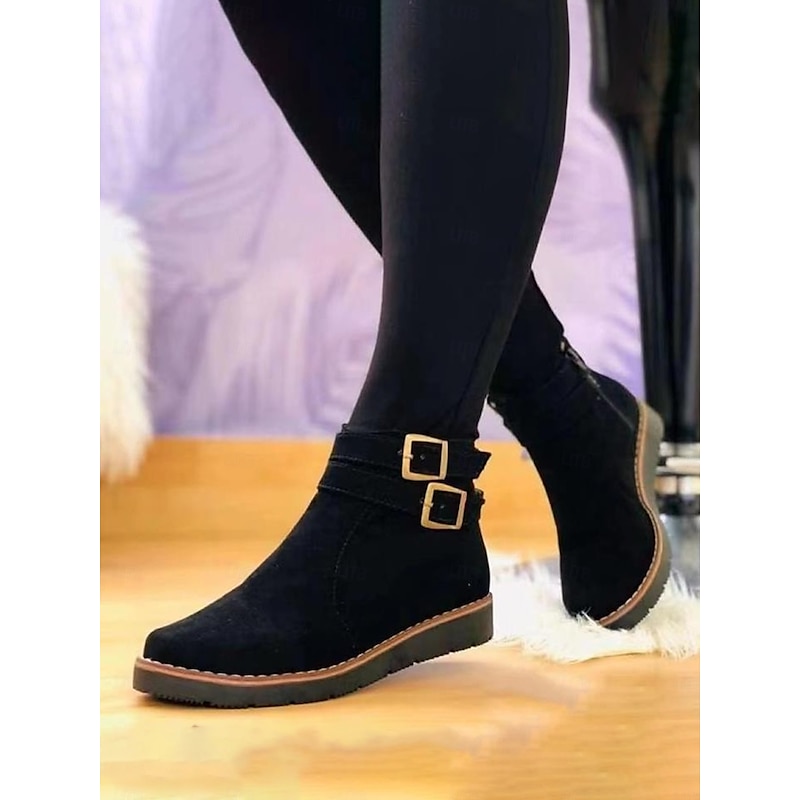 Women's Black Buckle Faux Suede Ankle Boots – Casual Flat Winter Boots with Double Strap for Everyday Comfort