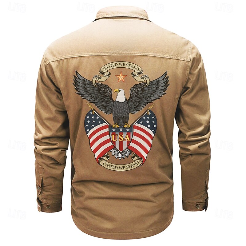 Men's Eagle US Flag Work Shirt Western Shirt Cargo Shirt Long Sleeve Casual Sports & Outdoor Going out Fall Winter Turndown Print Black Army Green Khaki4