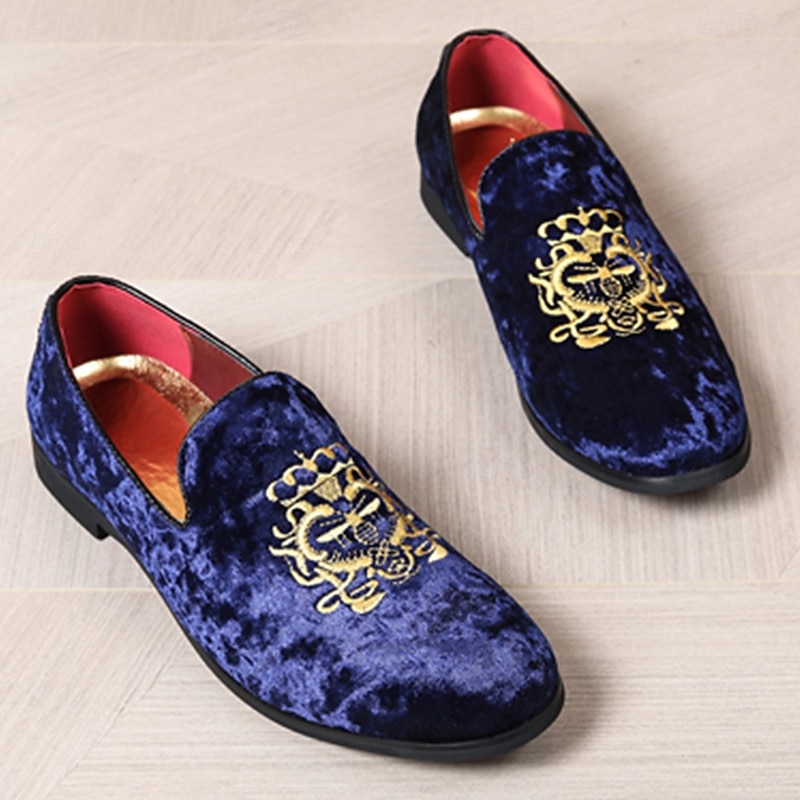 Men's Navy Blue Velvet Loafers with Gold Embroidery - Elegant Slip-On Shoes for Formal Events & Parties3