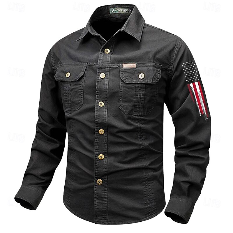 Men's American US Flag Patriotic Work Shirt Western Shirt Cargo Shirt Long Sleeve Vintage Western Casual Sports & Outdoor Going out Winter Spring &  Fall Turndown Print Black Army Green Red Blue Khaki4