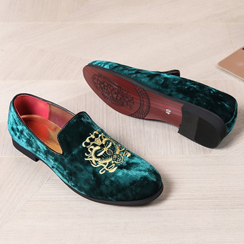 Men's Navy Blue Velvet Loafers with Gold Embroidery - Elegant Slip-On Shoes for Formal Events & Parties 10