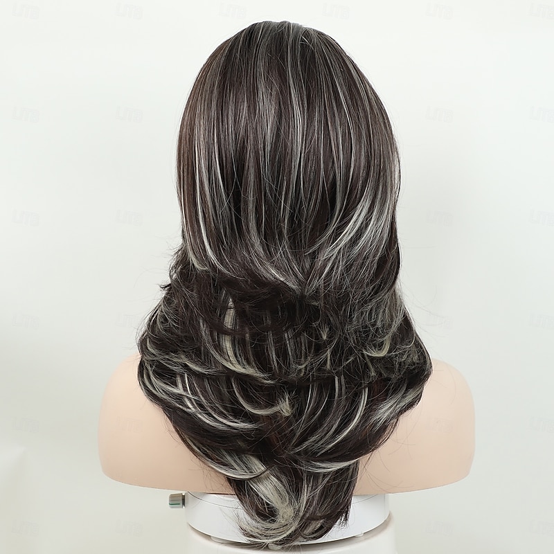 Layered Gray Wigs for White Women Short Silver Mixed Dark Brown Wigs with Dark Roots Synthetic Hair Layered Bob Wigs Natural Looking2