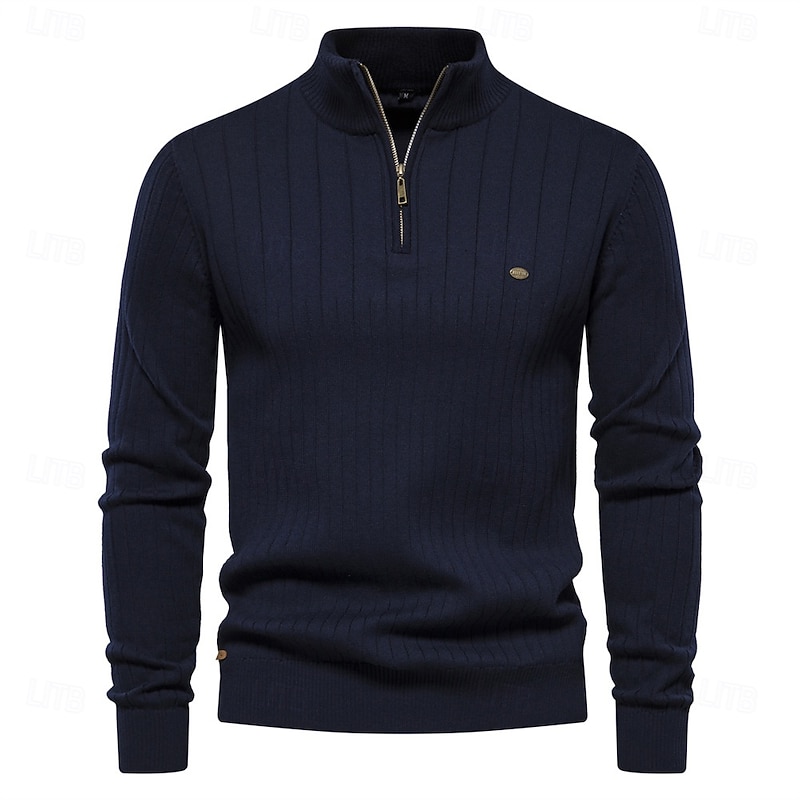 Men's Cotton Knit Vertical Stripes Half Zip Knitwear Elegant Christmas Gifts Home Clothing Apparel Fall Winter Black Navy Blue S M L4