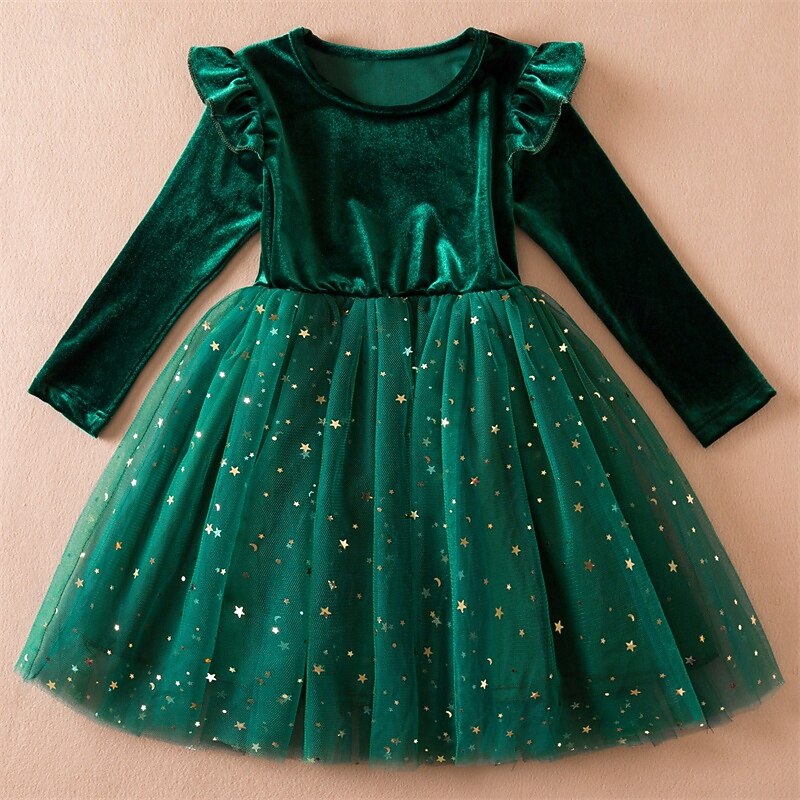 Kids Girls' Party Dress Solid Color Long Sleeve Performance Pegeant Christmas Party Sequins Ruffle Beautiful Sweet Polyester Maxi Party Dress Swing Dress A Line Dress Spring Fall 4 years+ Red Green3