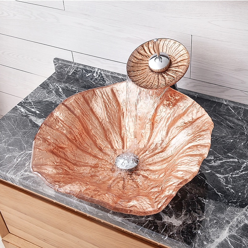 Bathroom Sink Bowl Coral Shell Wash Basin Pop Up Sink Waste Tempered Glass Countertop Basin Glass Basin Tap Bathroom Sink Washbasin