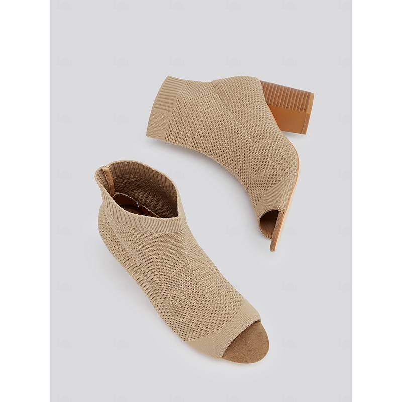Women's Beige Knitted Peep Toe Ankle Boots – Chunky Heel Sock Booties for Casual Spring and Fall Outfits4