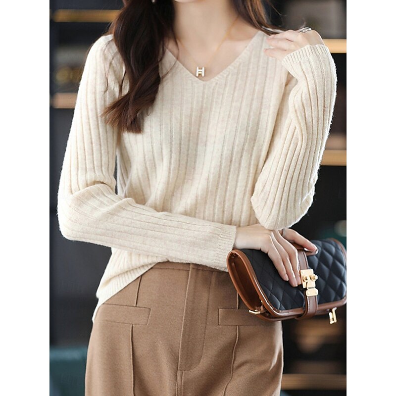 Women's Sweater Pullover Sweater Jumper Casual Soft Pure Color Ribbed V Neck Knitted Long Sleeve Regular Tops Knit Outdoor Daily Weekend White Yellow Fall Winter4