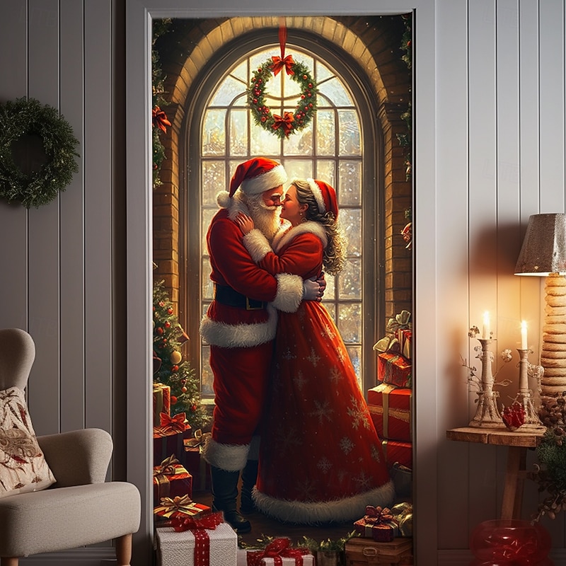 Christmas Door Decorations Door Covers Xmas Santa Claus Couple Door Tapestry Door Curtain Decoration Backdrop Indoor/Outdoor Door Banner for Front Door Farmhouse4