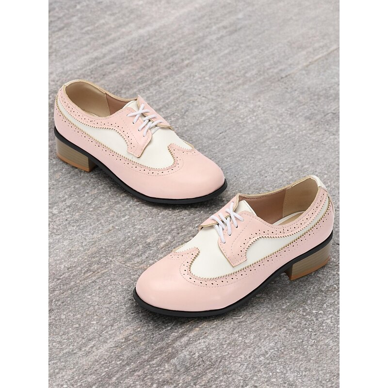 Women's Vintage Two-Tone Oxford Shoes - Pink and White Brogue Lace-Up Low Heel for Retro Style and Everyday Wear