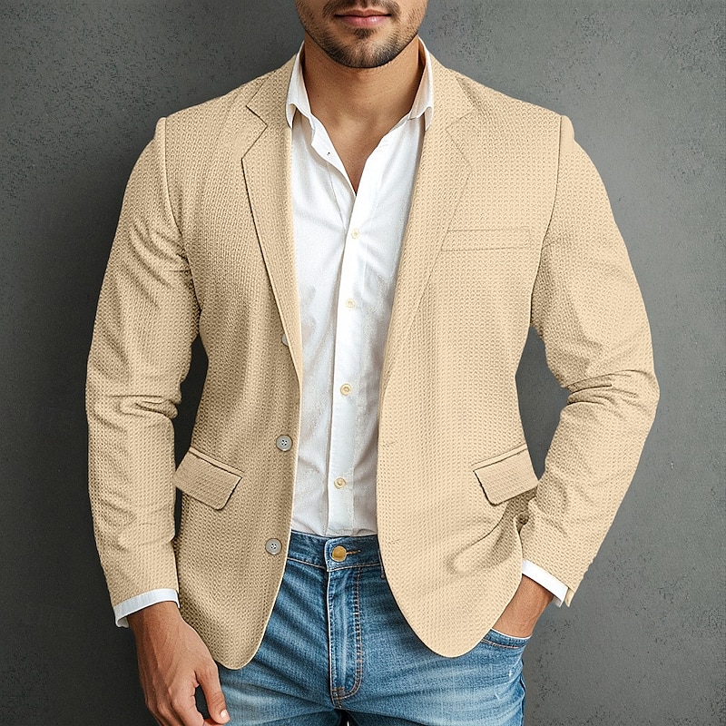 Men's Waffle Jacket Blazer Jacket Formal Wedding Anniversary Elegant Fashion Spring &  Fall Waffle Fabric Plain Single Breasted Two-button Blazer Dark Brown Black Dark Green khaki