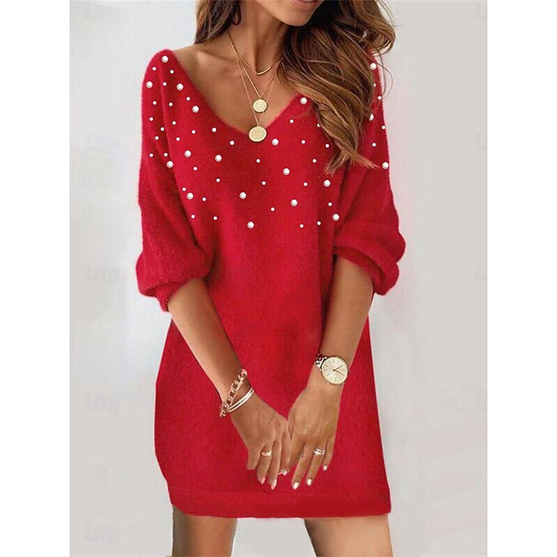 Women's  Casual Dress Fuzzy Mini Dress Patchwork Casual V Neck Long Sleeve Wine Red Color3