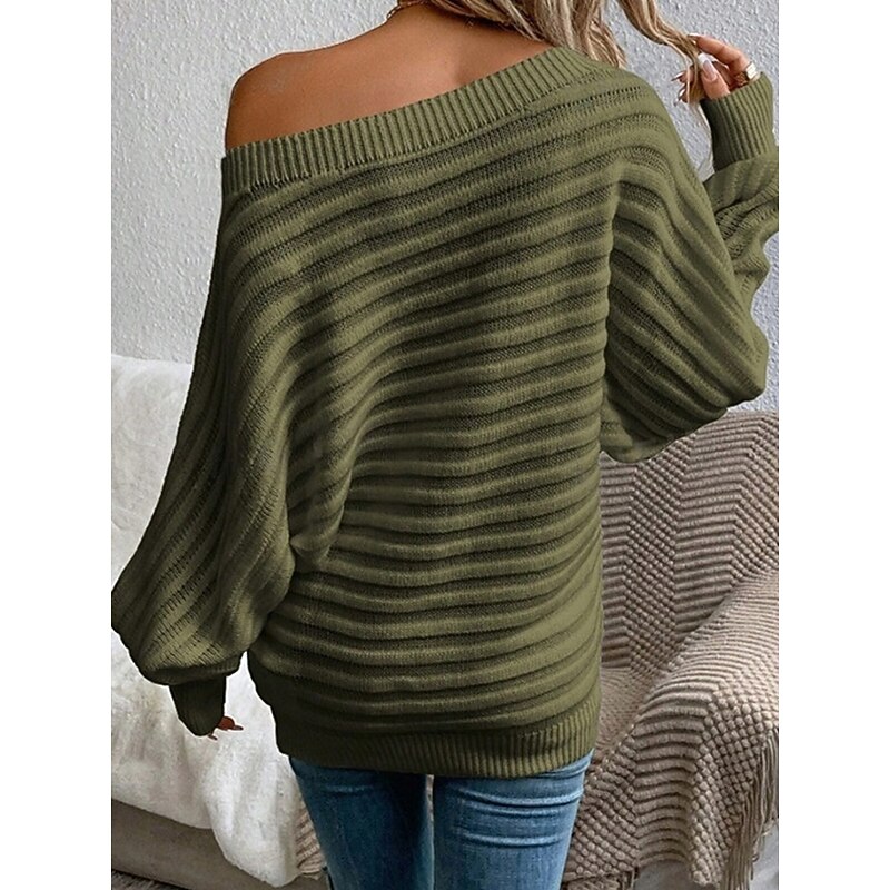 Women's Sweater Pullover Sweater Jumper Casual Soft Pure Color Ribbed Off Shoulder Knitted Long Sleeve Regular Tops Knit Outdoor Daily Weekend Black White Fall2