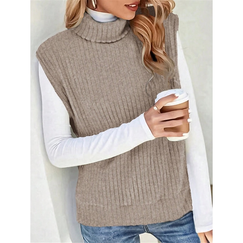 Women's Sweater Vest Casual Soft Solid Color Ribbed Turtleneck Split Knitted Sleeveless Regular Tops Knit Outdoor Daily Weekend Light Green Khaki Fall Winter 7